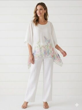 Elena Baldi Italy 100% Silk Floral Kaftan Blouse Coastal Grandmother Luxury M
